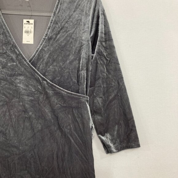 Vintage NWT Express Medium Gray Velvet Stretch Wrap Tie Back Fitted Top Y2K - Picture 4 of 10